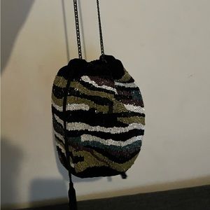 Zara Beaded Safari Velvet Bucket Bag Crossbody